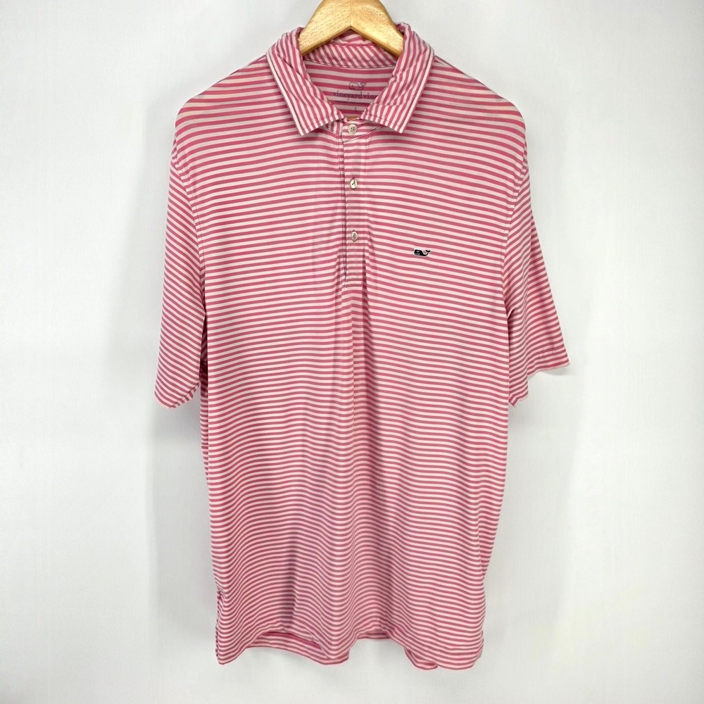 Vineyard Vines Polo Shirt Mens Large Pink Striped Performance Short Sleeve Golf